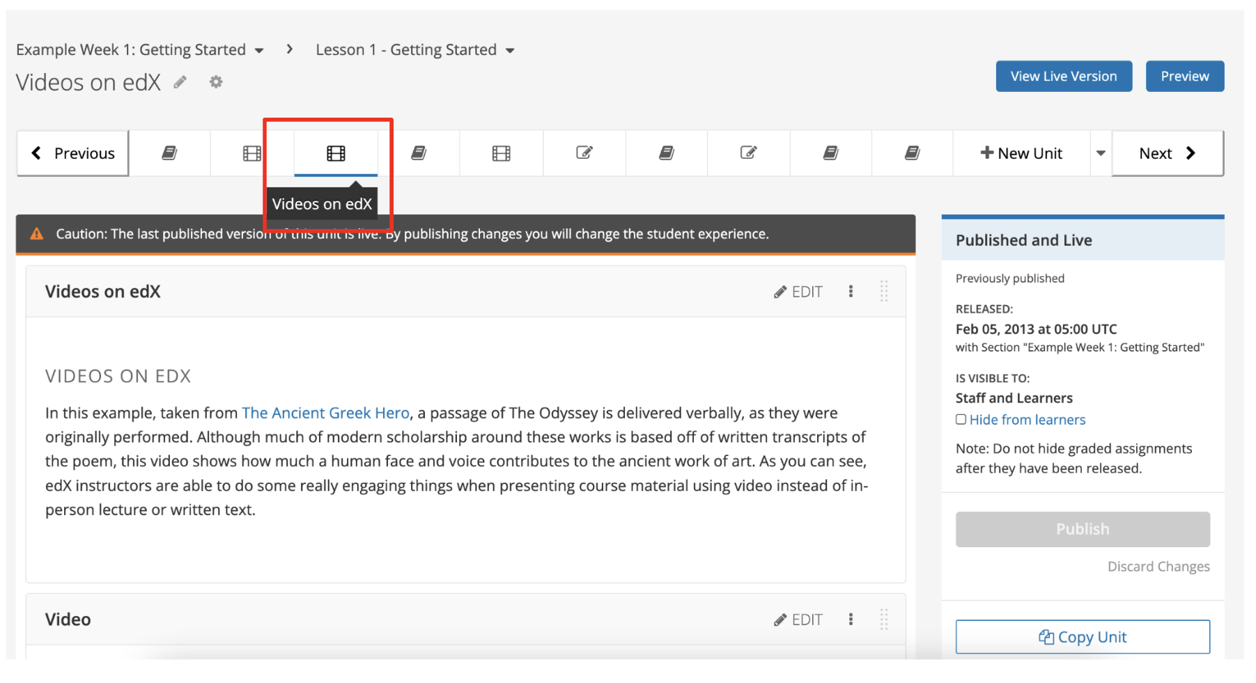 In Studio, the unit editing page is shown, which displays all the units in a subsection in a horizontal navigation bar.