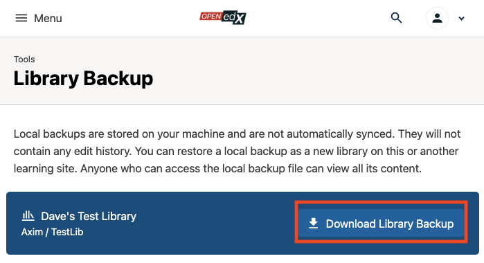 A screenshot of the Library Backup page, with the library name to the left of a button that reads "Download Library Backup"