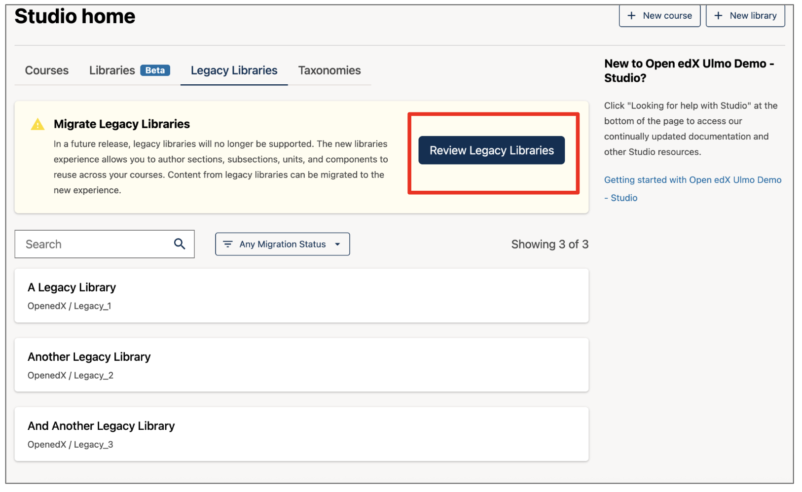 The "Review Legacy Libraries" button appears in a warning panel above the list of Legacy Libraries.