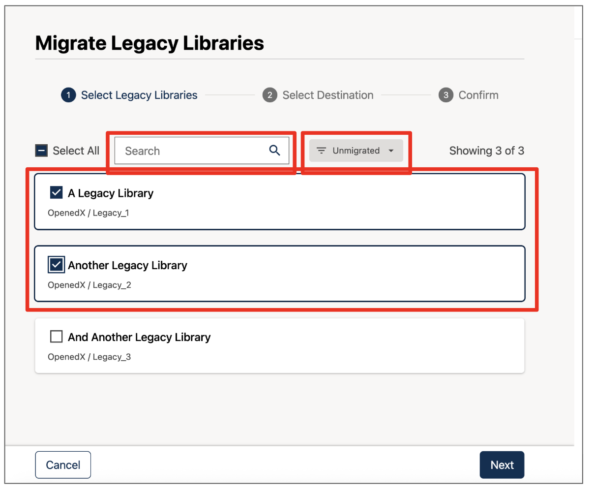 The Migrate Legacy Libraries screen, including a search box, filter for migration status, and a list of Legacy Libraries.