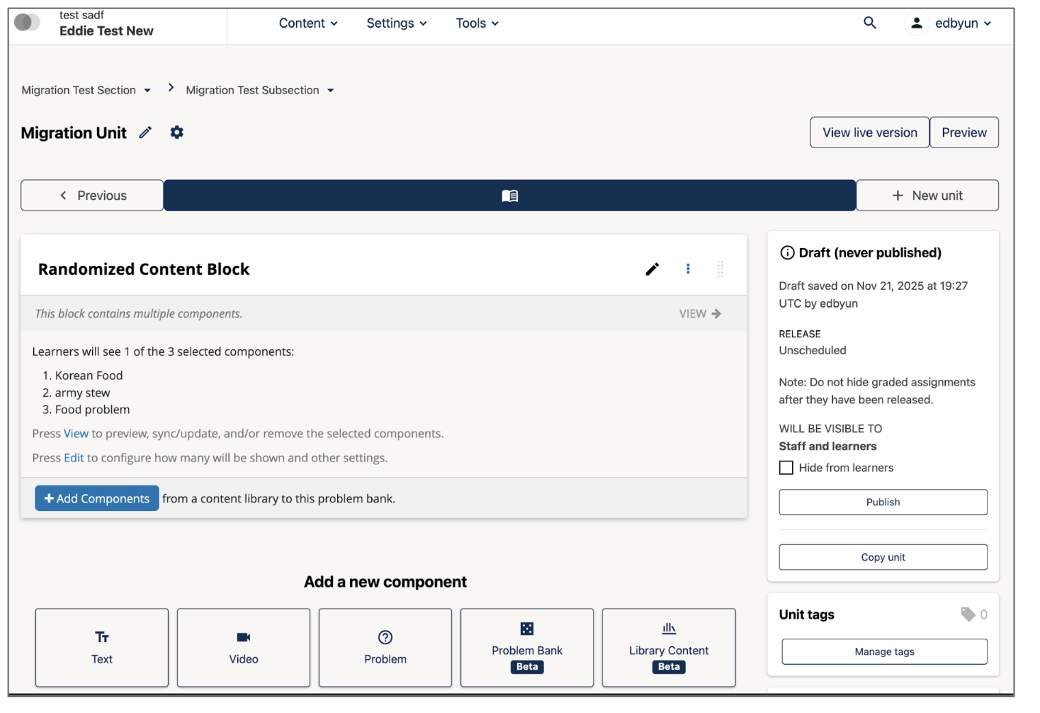 The unit page after the reference has been updated. At this point, there is no indication that the content used to link to a Legacy Library.