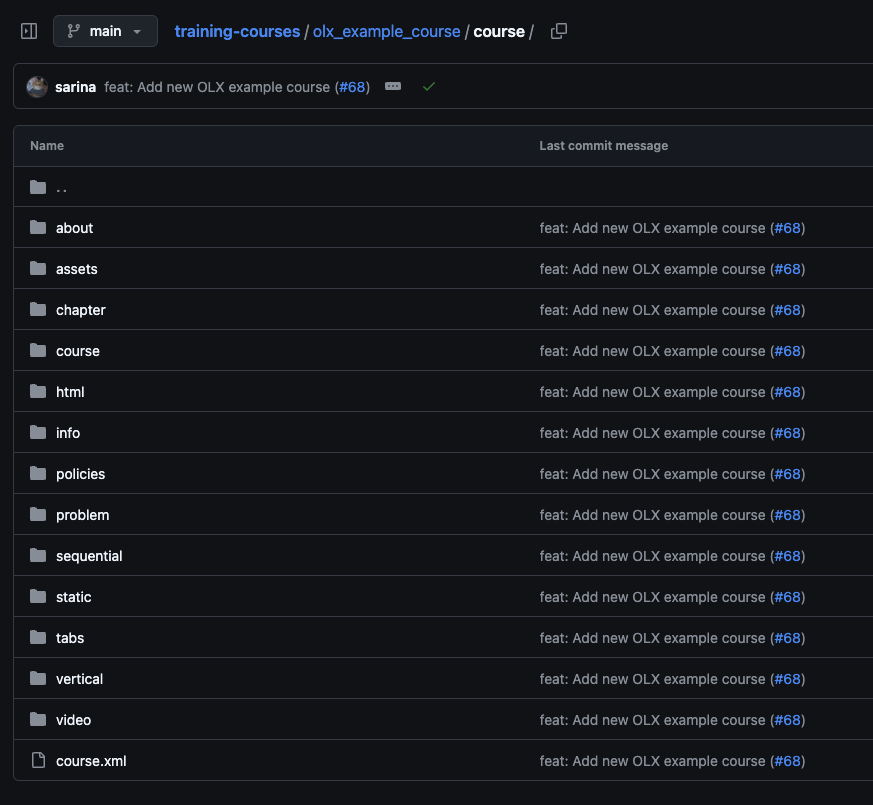 The olx_example_course in GitHub, showing the file structure of the ``course/`` directory.