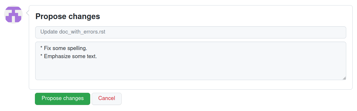 A screenshot of the "Propose Changes" form with the suggested text. The subject is the same but the description has two bullet items to indicate that we've fixed the spelling and have emphasized some text.